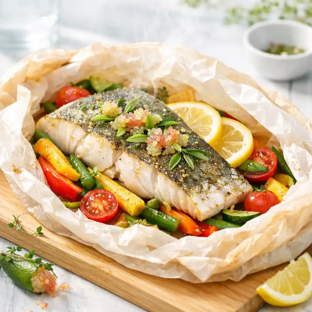 Barramundi fillet baked in parchment paper, partially opened to reveal lemon myrtle, finger lime, and colourful vegetables