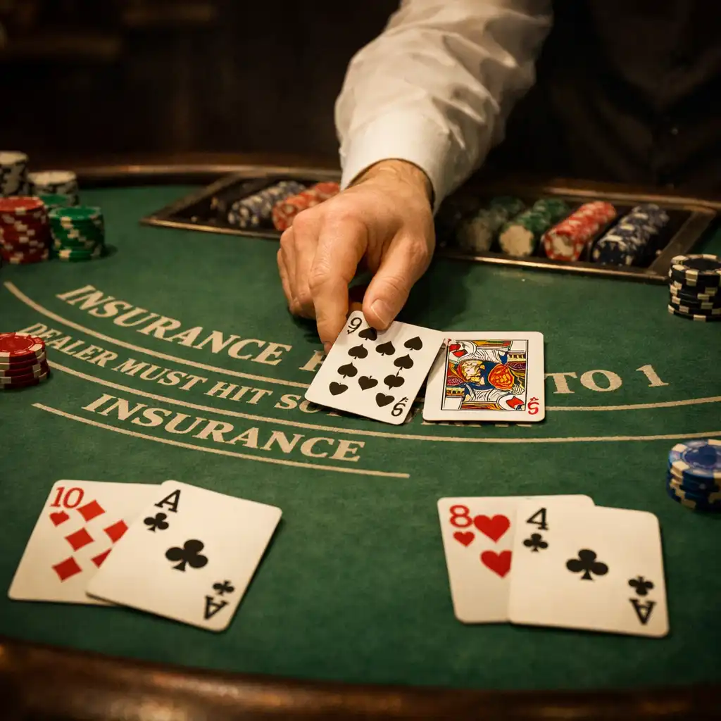 Blackjack table with physical cards being dealt and stacks of chips under warm ambient lighting