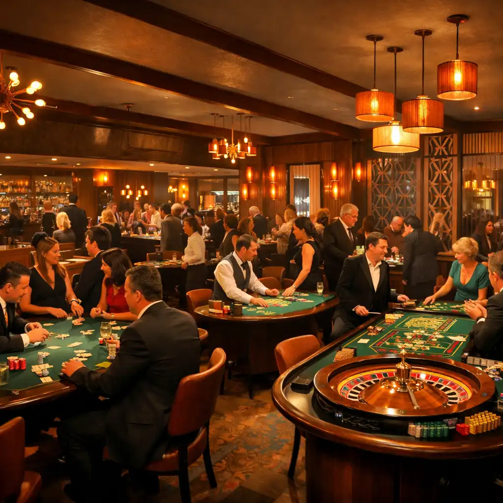 Wide view of Good Food Table during a casino evening with multiple gaming tables and guests mingling in a mid-century modern interior