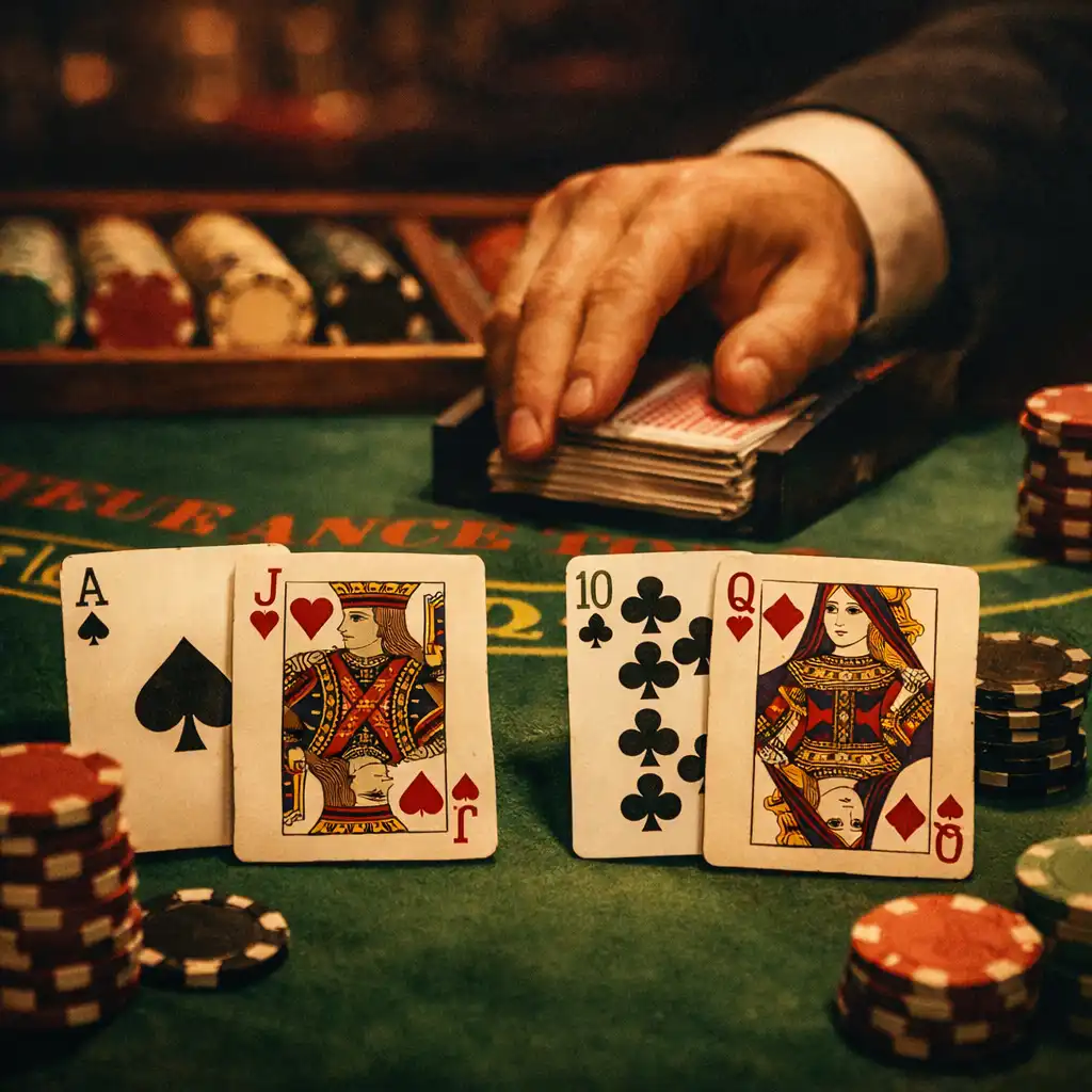 Close-up of a blackjack table with physical playing cards and chips under warm dramatic lighting