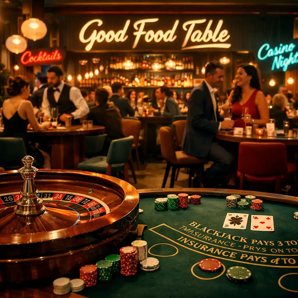 Wide shot of a casino-themed evening at Good Food Table with roulette wheel, blackjack table, and guests