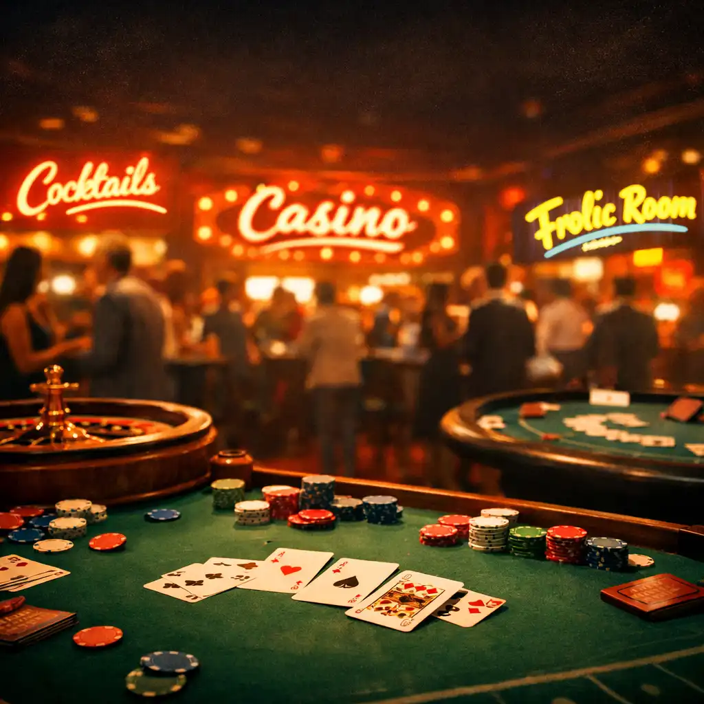 Cinematic view of a retro casino evening at Good Food Table with poker, roulette, and blackjack tables under warm lighting