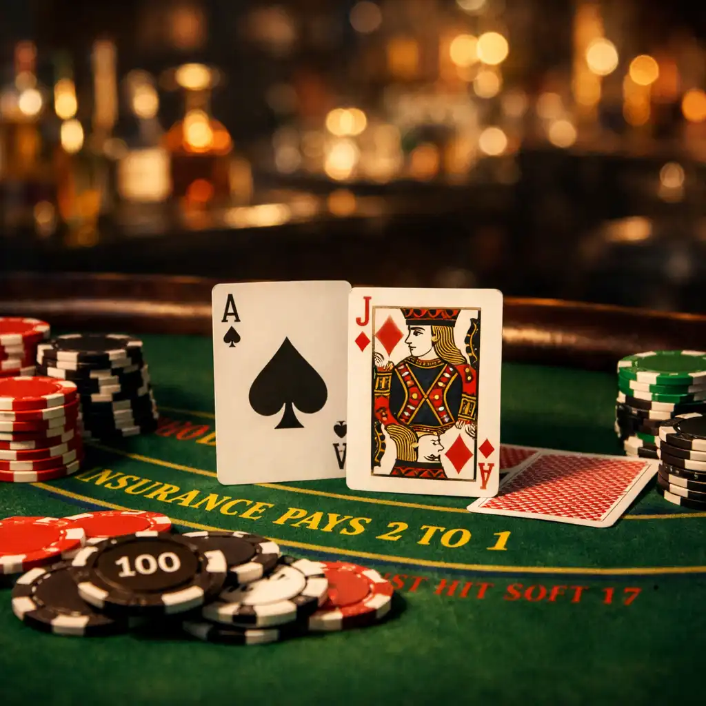 Blackjack table with physical playing cards and chips in a dimly lit retro lounge