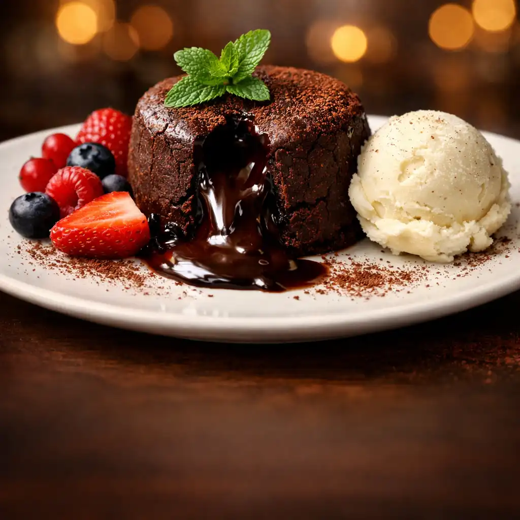 Chocolate fondant with molten center, vanilla bean ice cream, and fresh berries