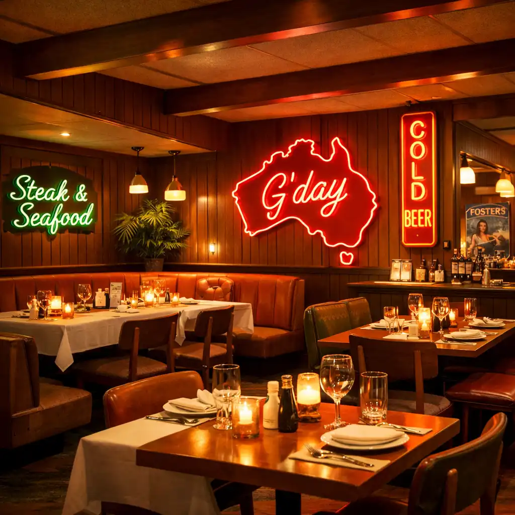 Retro Australian restaurant interior with mid-century modern furniture and warm lighting