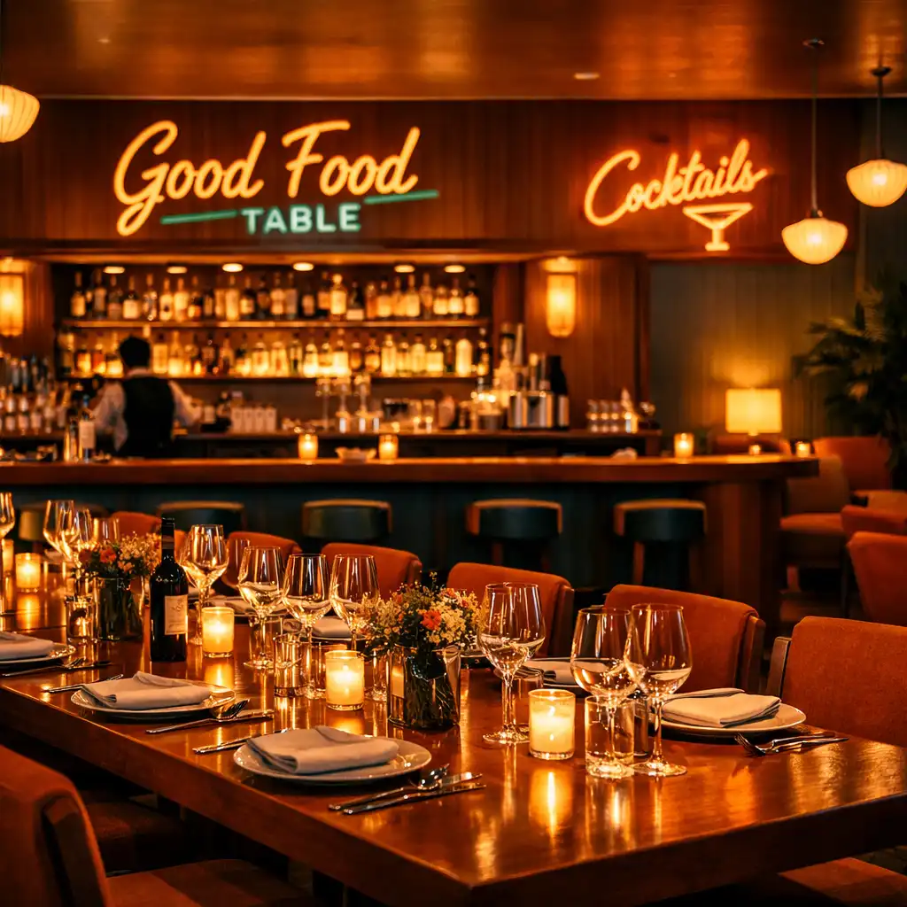 Wide shot of the main dining room at Good Food Table with mid-century furniture and warm lighting