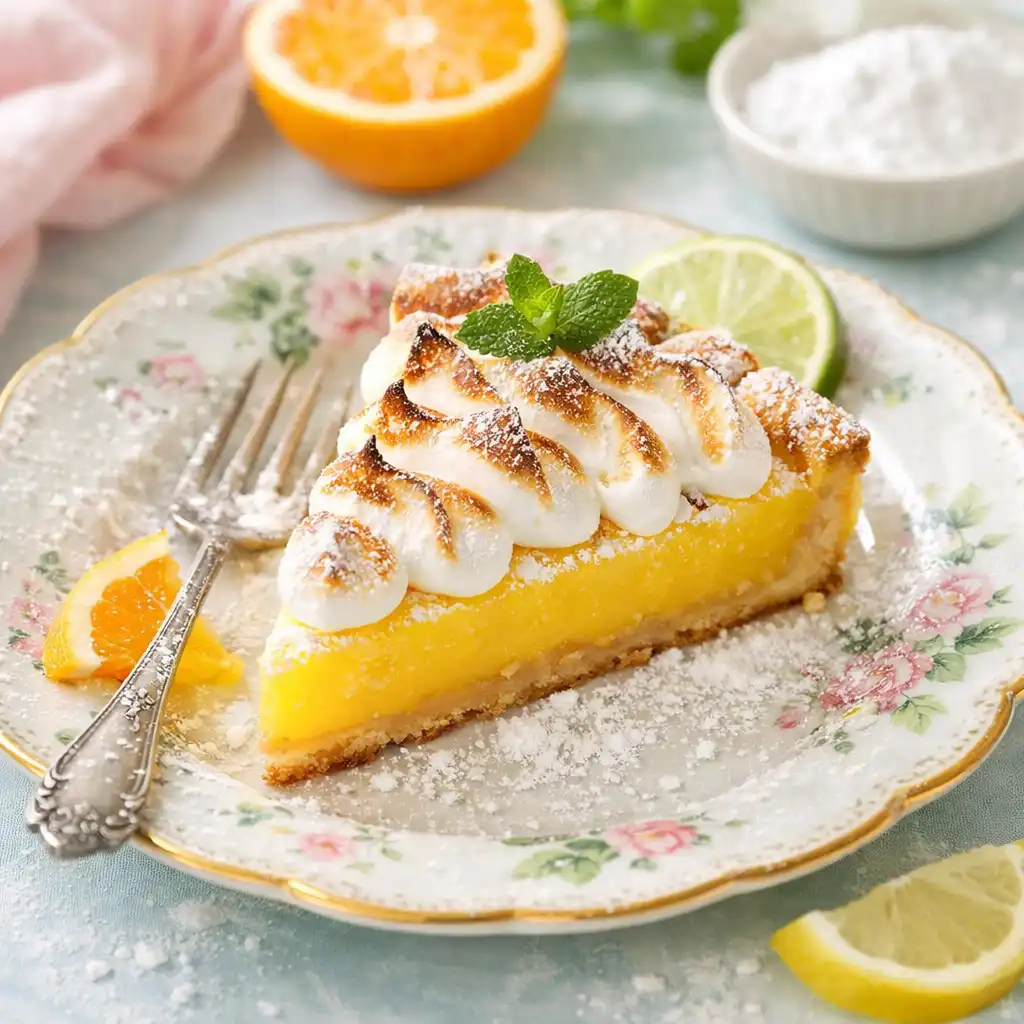 Citrus tart with burnt meringue and powdered sugar