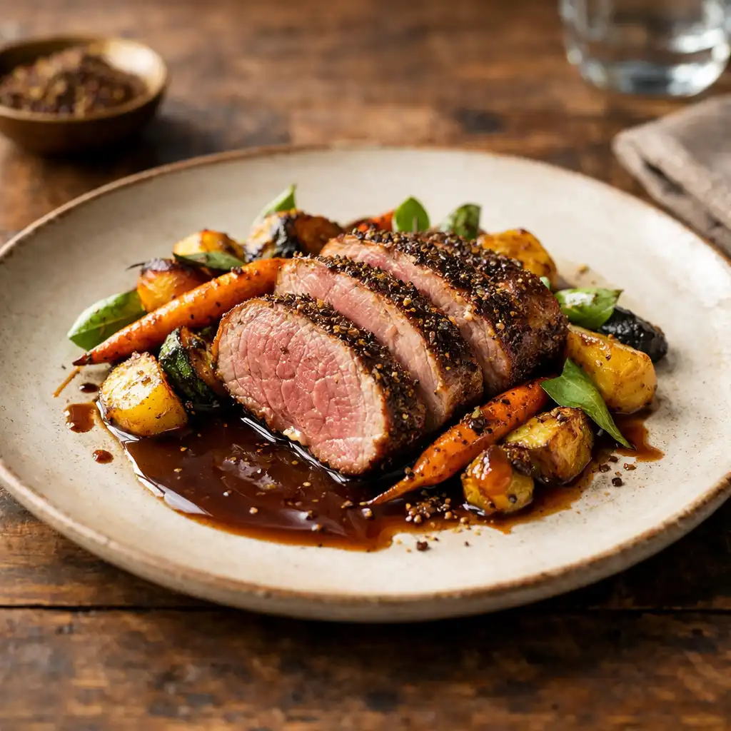 Lamb rump with native spices and roasted vegetables