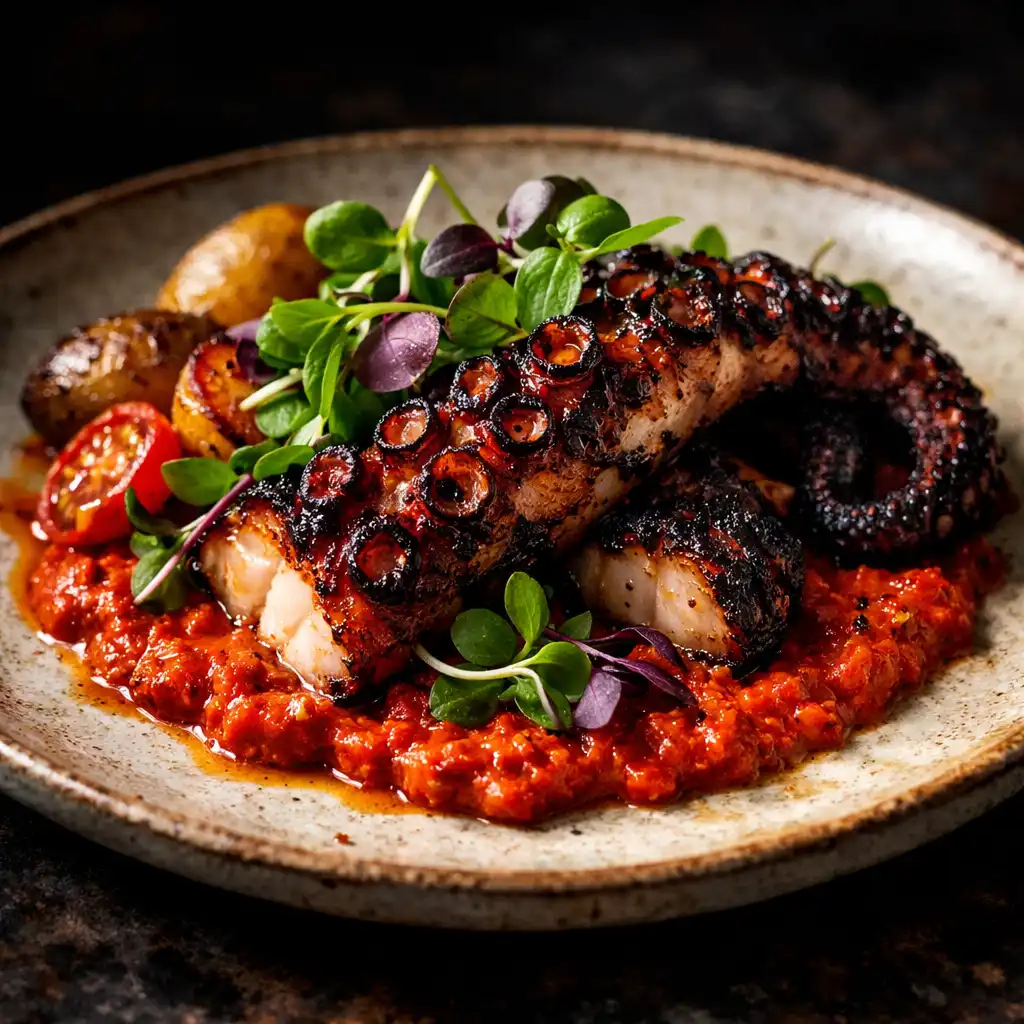 Charred octopus with romesco sauce and microgreens
