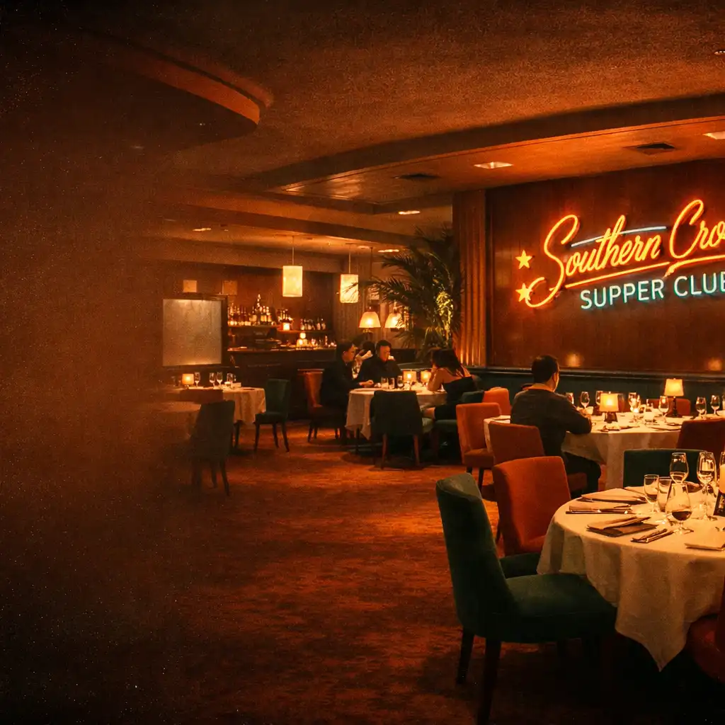 Warmly lit retro Australian supper club dining room with mid-century furniture and a soft vintage neon glow