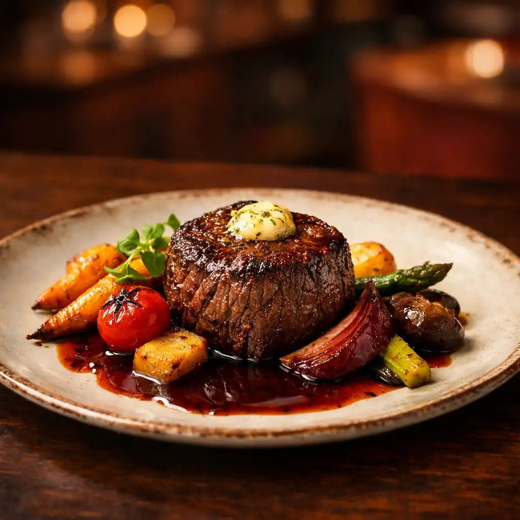 A cinematic overhead view of a plated charred kangaroo fillet with native Australian garnishes on a dark wooden table
