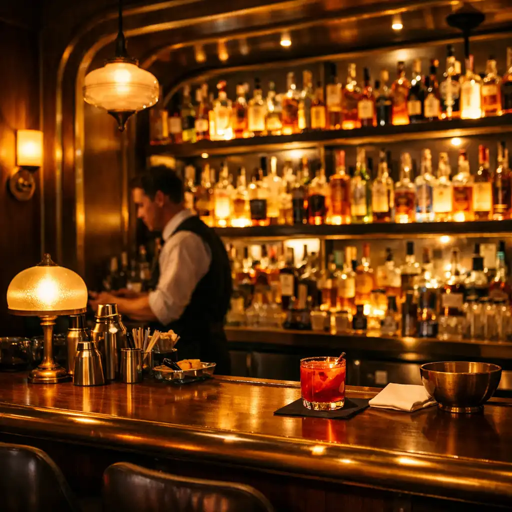 Retro bar area with backlit shelves of bottles and brass accents
