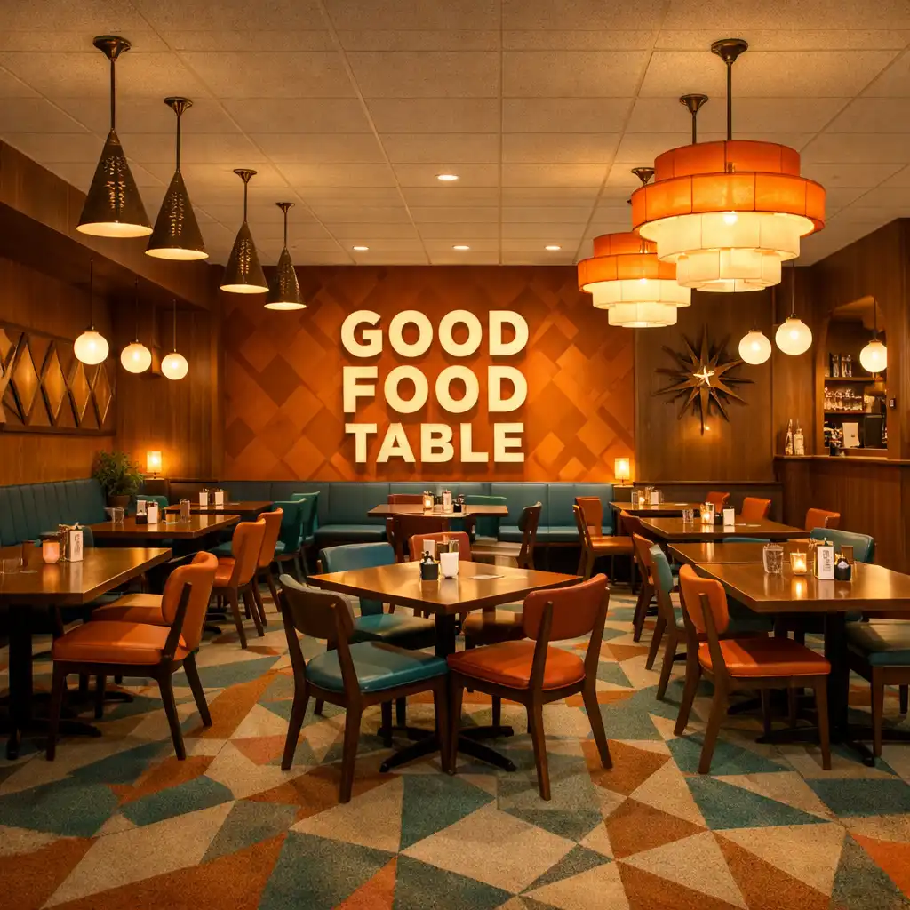 Main dining room with mid-century modern furniture and vintage lighting