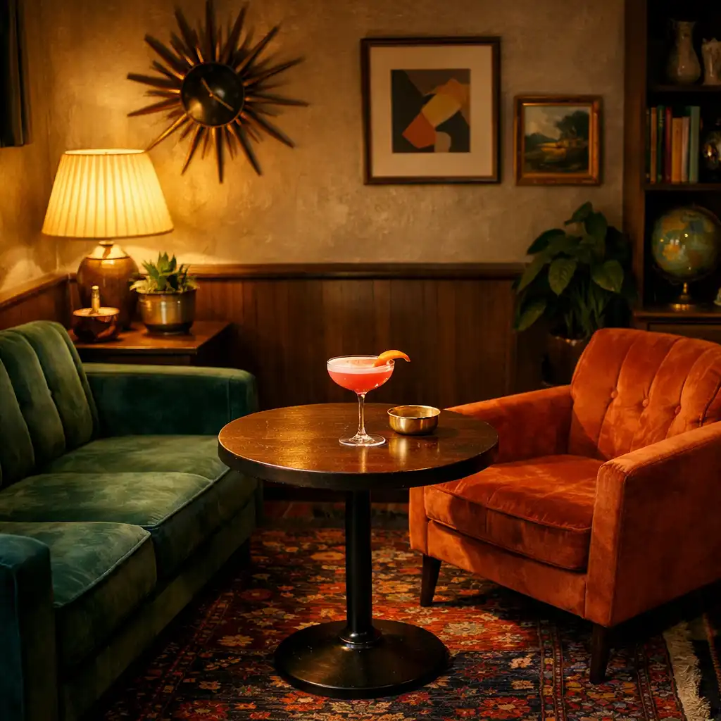 Cozy lounge corner with velvet seating, vintage rug, and a cocktail