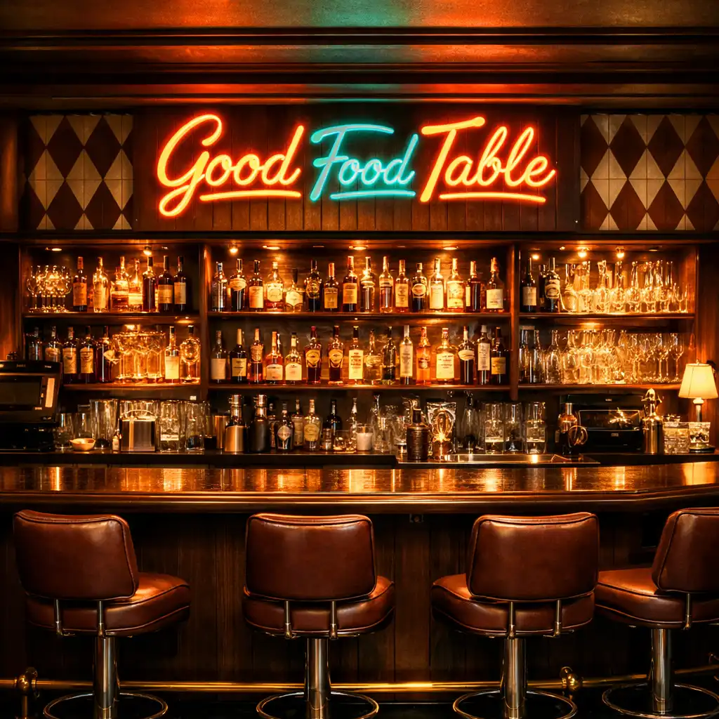 Polished timber bar with backlit spirits, brass foot rail, and a glowing Good Food Table neon sign