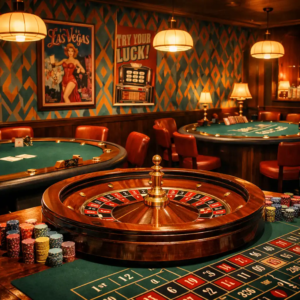 Casino lounge with a full-size roulette wheel, green felt poker table, and blackjack table under warm pendant lights