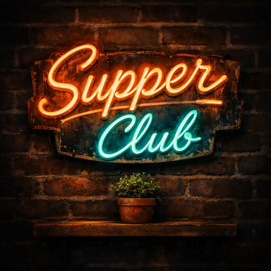 Vintage neon sign reading Supper Club glowing in orange and teal on a brick wall