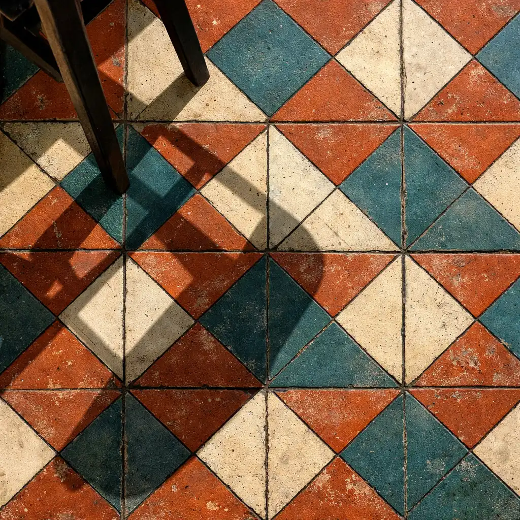 Geometric floor tiles in terracotta, cream, and teal forming a retro diamond pattern