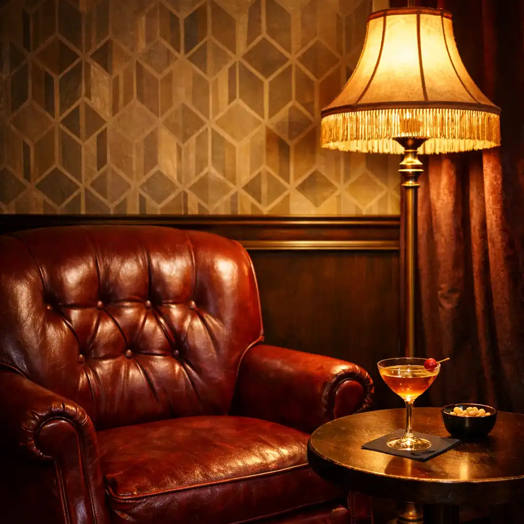 Cozy corner with a wine-red leather armchair, small table with a cocktail, and a warm vintage floor lamp