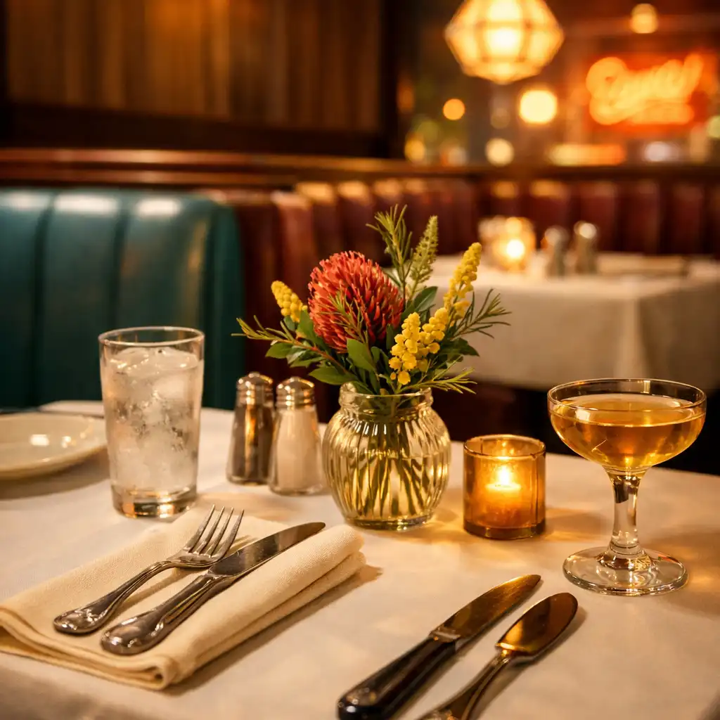 Dining table set with vintage silverware and native flowers, with teal and wine banquettes in the background