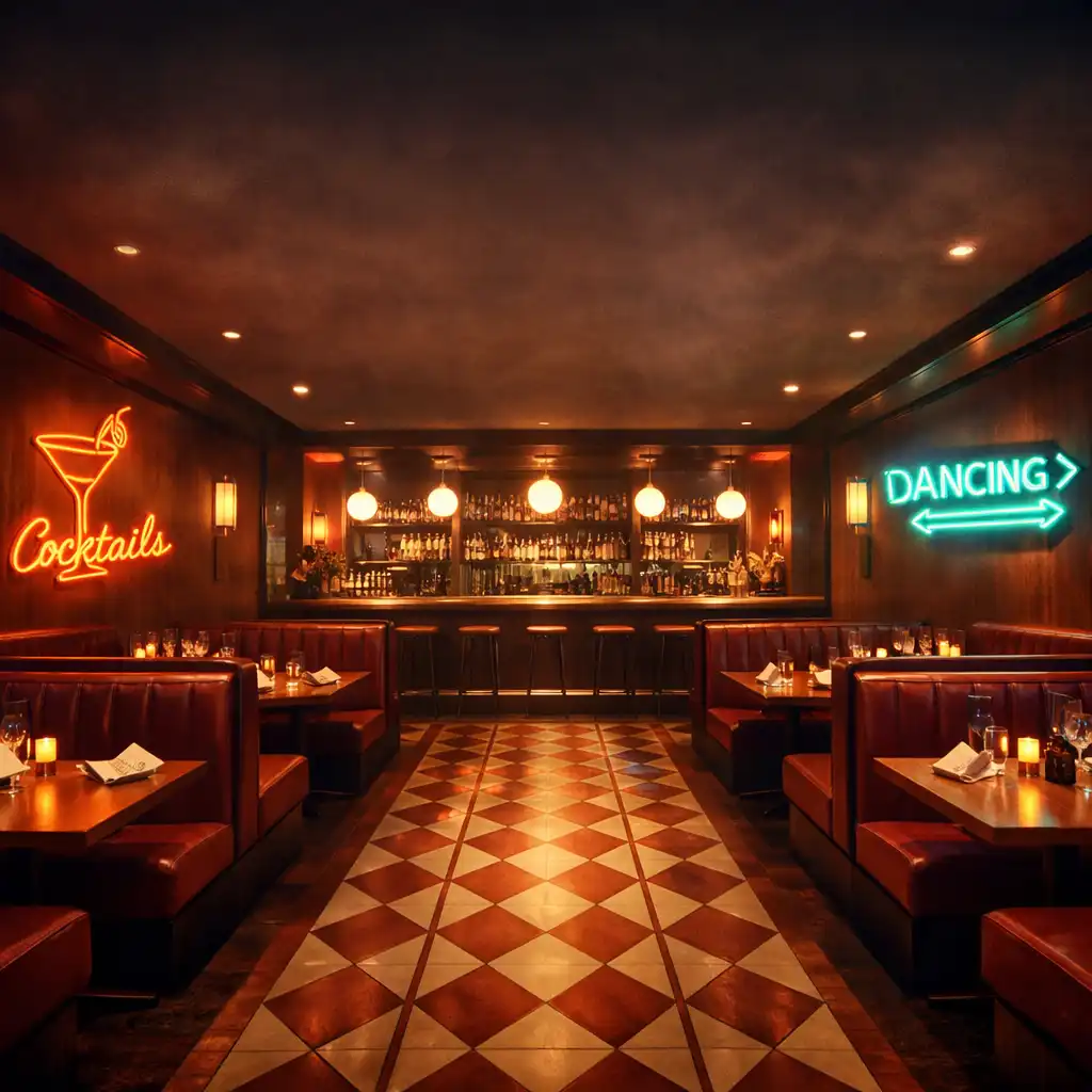 Wide-angle view of the Good Food Table dining room with warm timber tables, wine-red banquettes, and glowing vintage neon signs