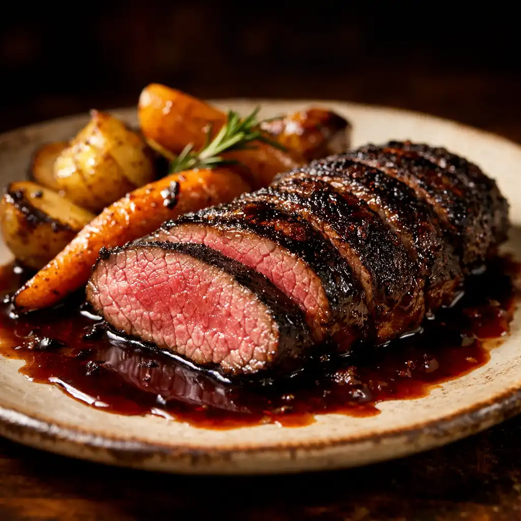 Close-up of a charred kangaroo fillet sliced to reveal a pink centre, served with roasted root vegetables and red wine jus