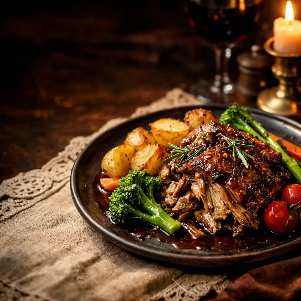 Slow-roasted lamb shoulder with roasted potatoes and seasonal vegetables on a dark ceramic plate