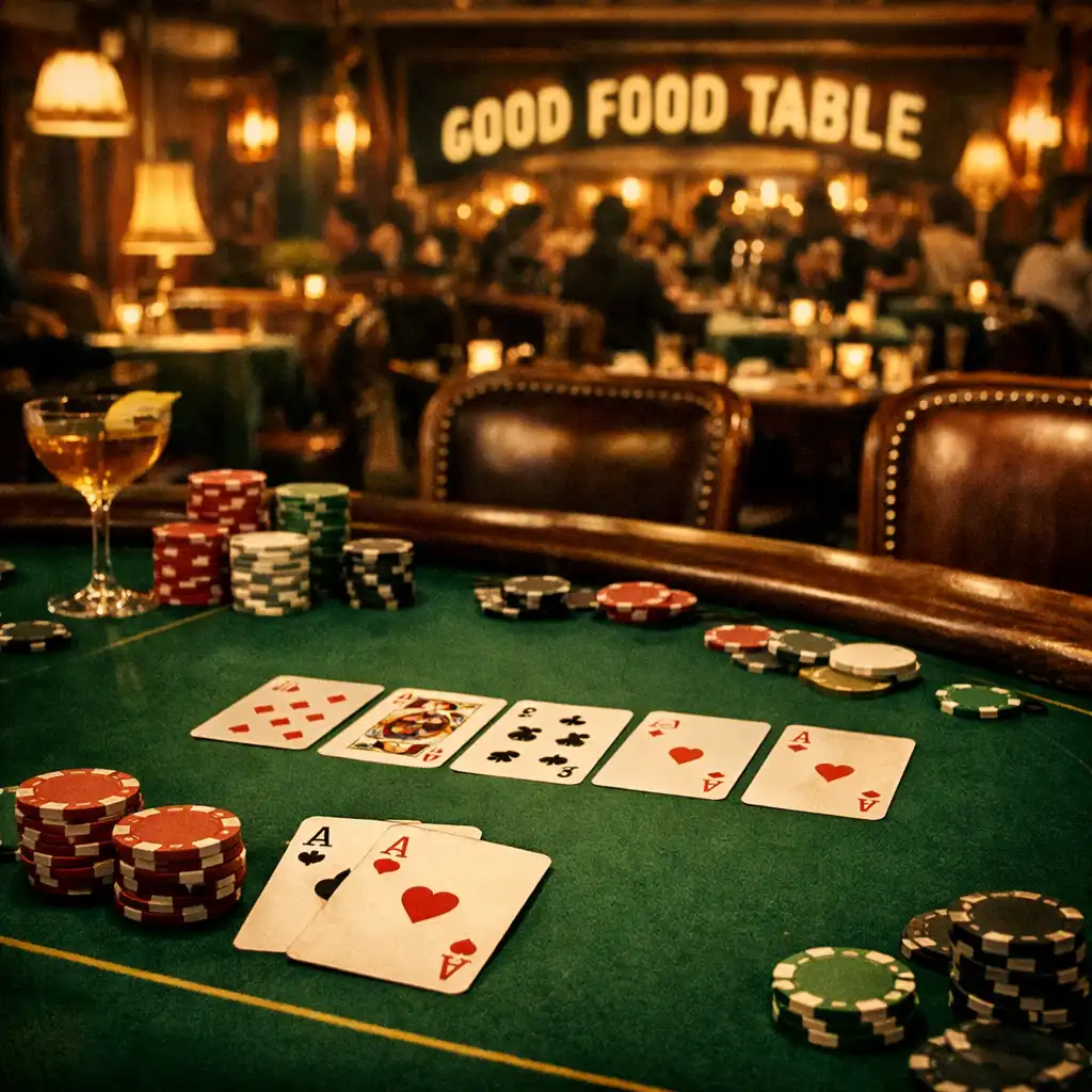 Poker table with physical cards and chips during a casino-themed evening at Good Food Table