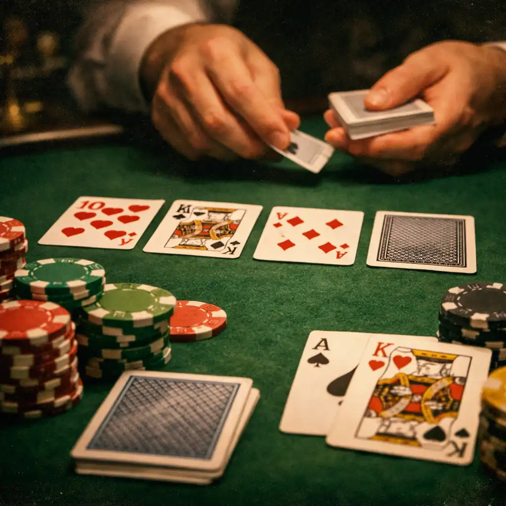 Close-up of physical Texas Hold'em cards and colorful chips on a green felt poker table