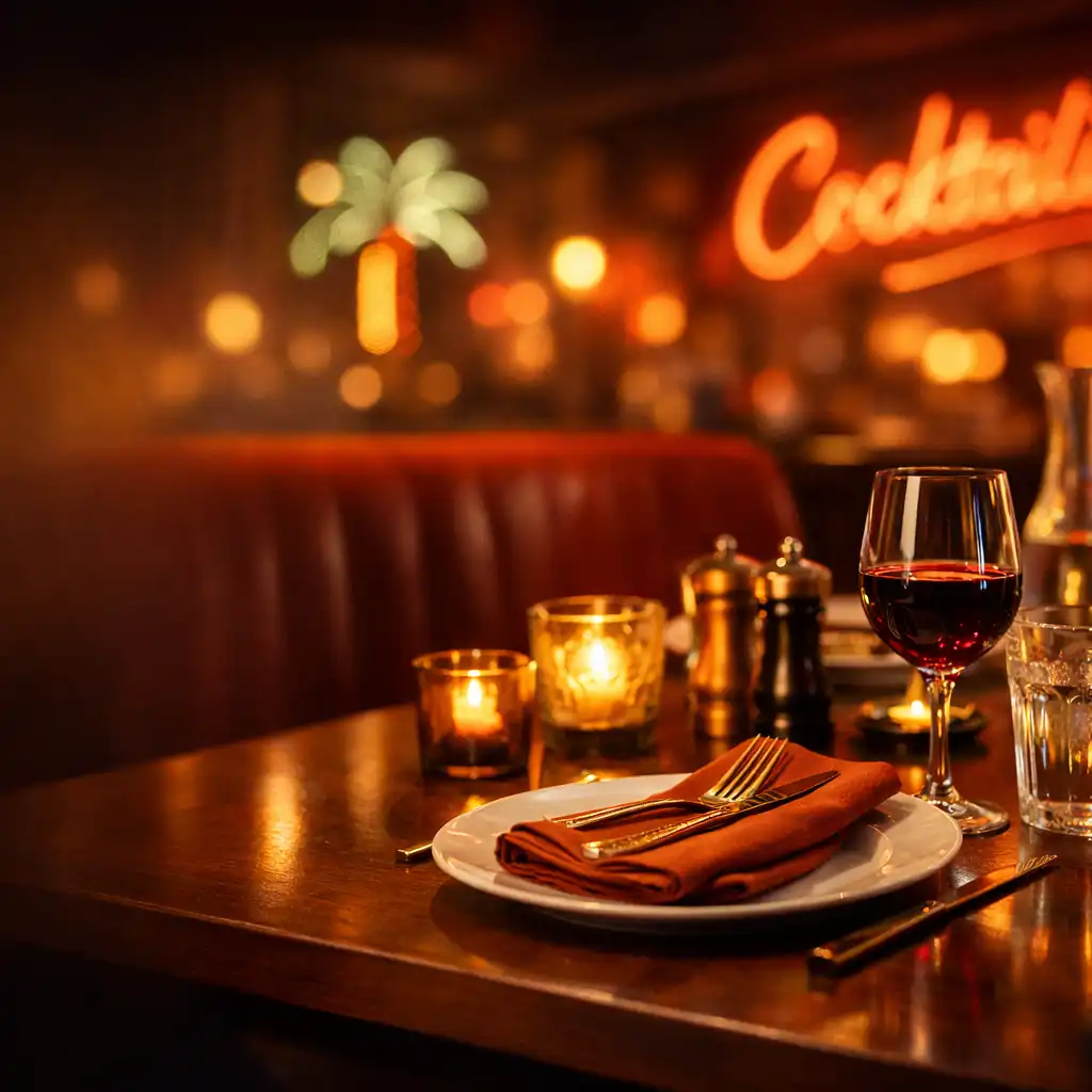A stylish Australian supper club dining table with warm ambient lighting and vintage neon accents