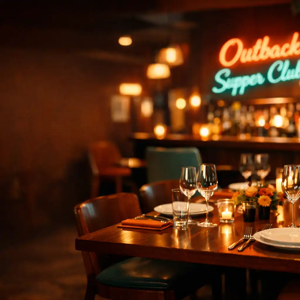 Beautifully set dining table in the retro Australian supper club with warm lighting and vintage neon in the background