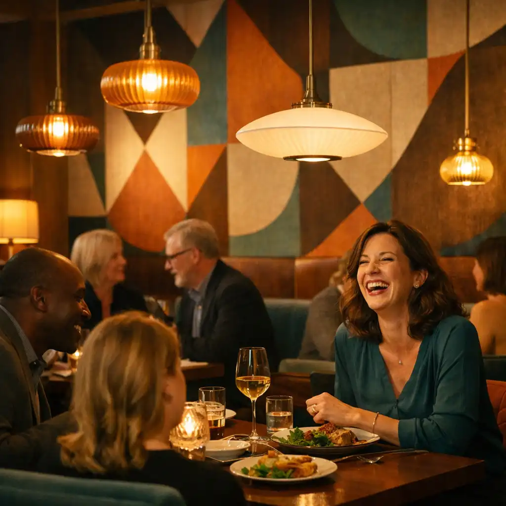 Guests enjoying a meal in the warmly lit dining room with mid-century modern decor