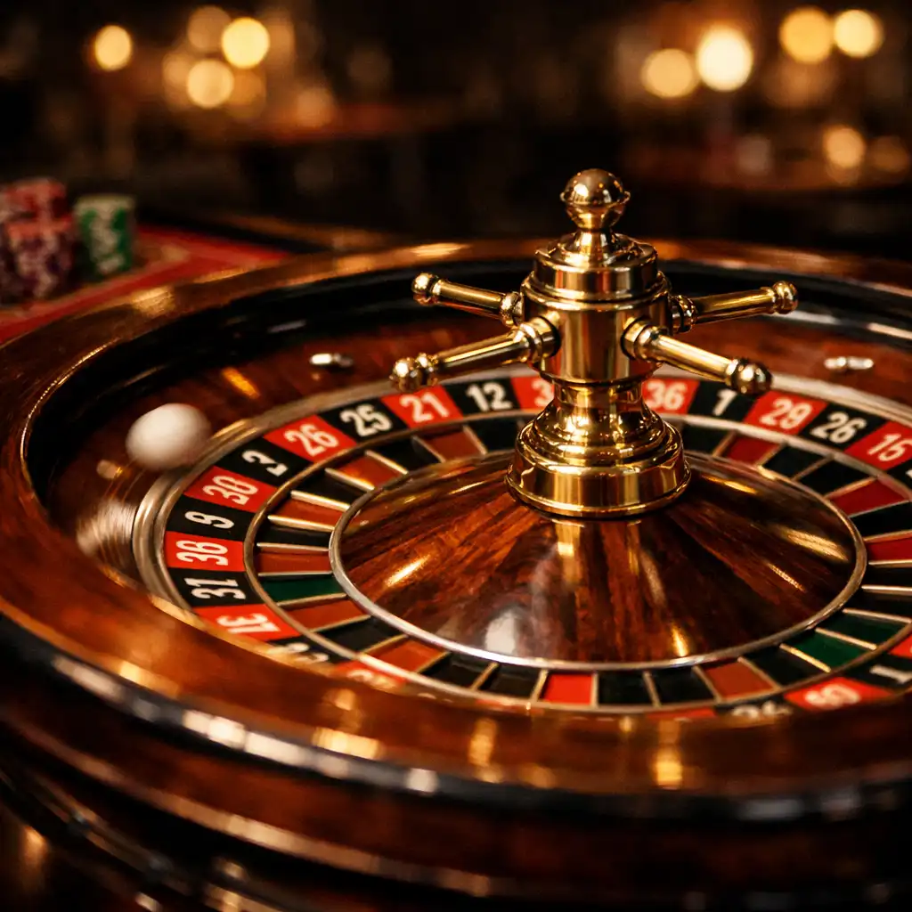 Authentic roulette wheel in motion with blurred ball on an elegant wooden table