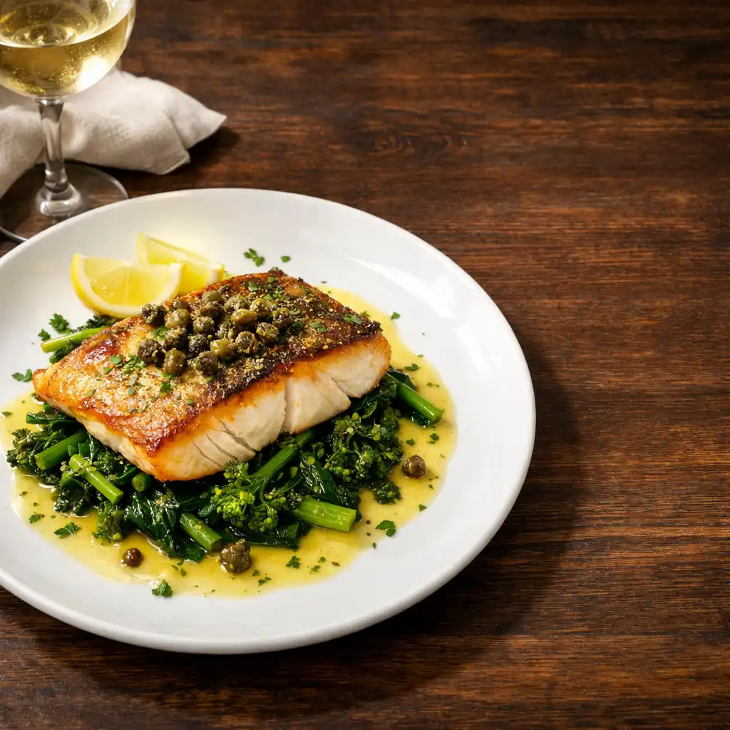Pan-seared barramundi with lemon butter sauce, sautéed greens, and crispy capers