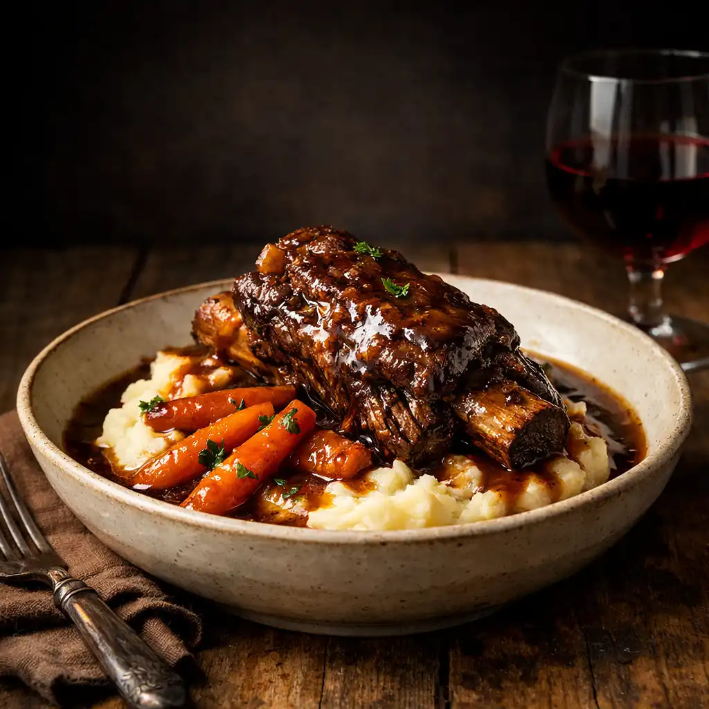 Slow-braised beef short rib with creamy mashed potatoes and glazed carrots