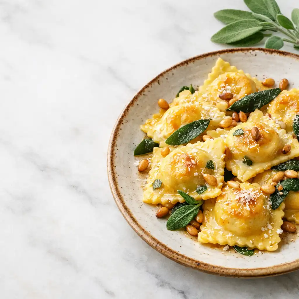 Roasted pumpkin and ricotta ravioli with sage butter and toasted pine nuts