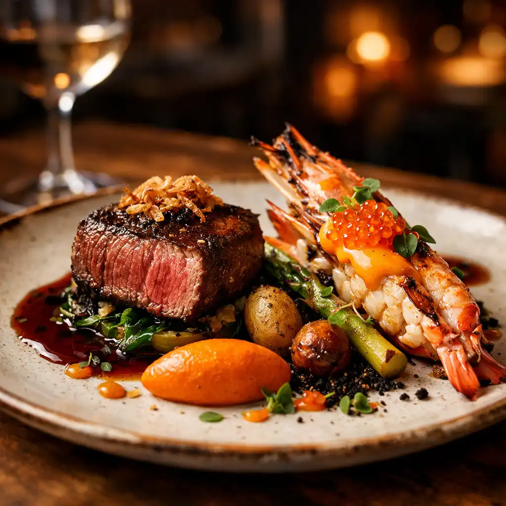 Close-up of a signature dish at Good Food Table with artistic plating and blurred warm background