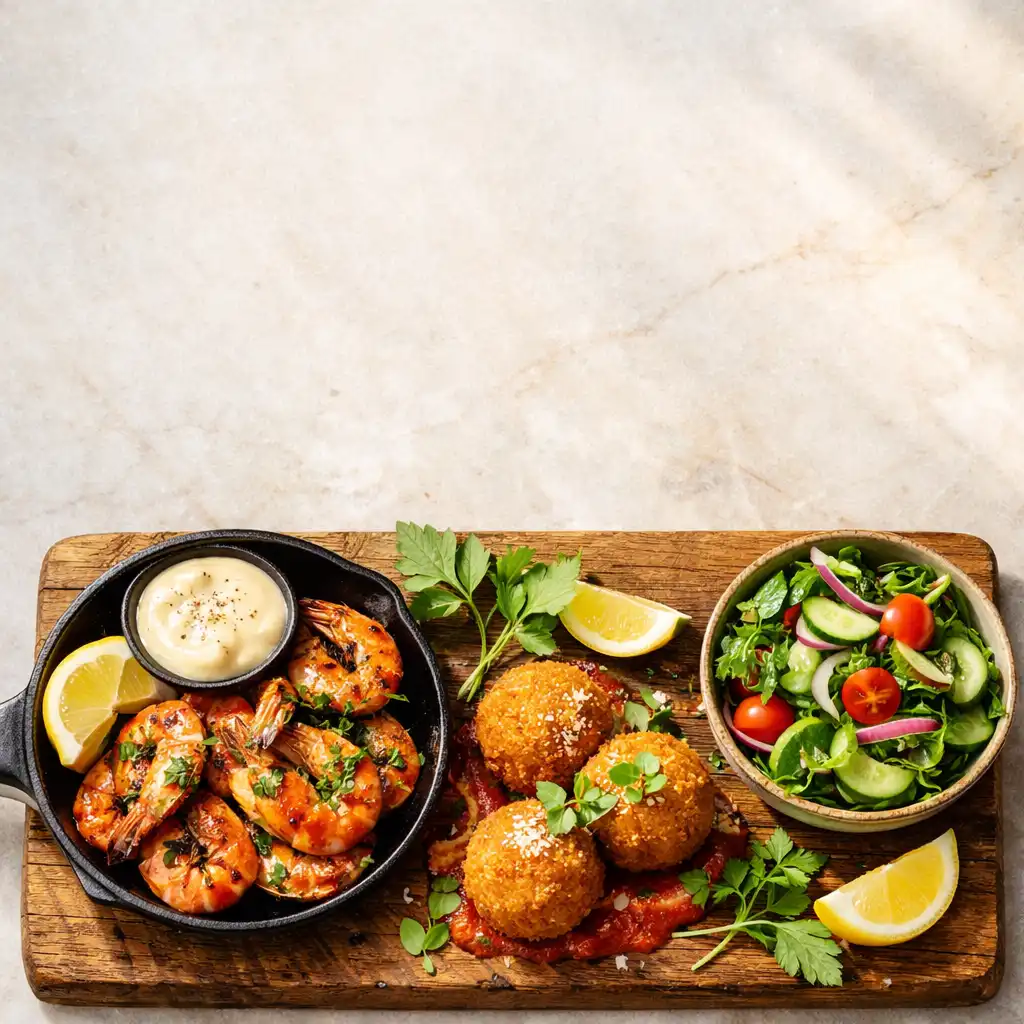Selection of starters including grilled prawns, arancini, and a small salad on a rustic board