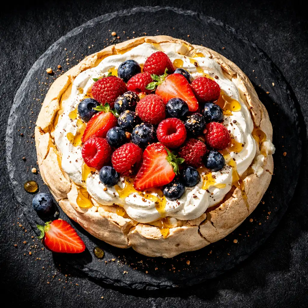 Overhead view of a wattleseed pavlova topped with whipped cream, fresh berries, and a drizzle of native honey